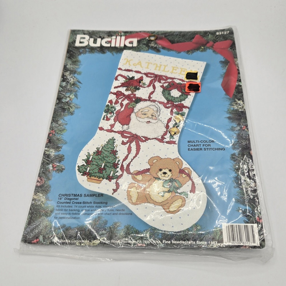 Vintage Bucilla Christmas Sampler Counted Cross Stitch Stocking Kit 83127 18 in